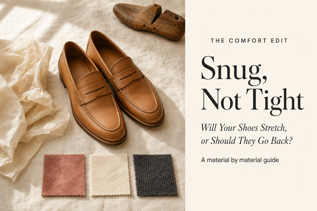 Tan leather loafers on cream linen, with crumpled cream tissue paper, three material swatches in suede, canvas and knit, and a small wooden shoe last